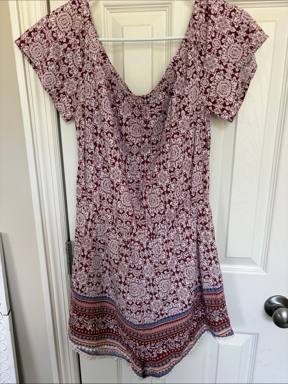 Charlotte Russe Burgundy and White Floral Short-Sleeve Romper